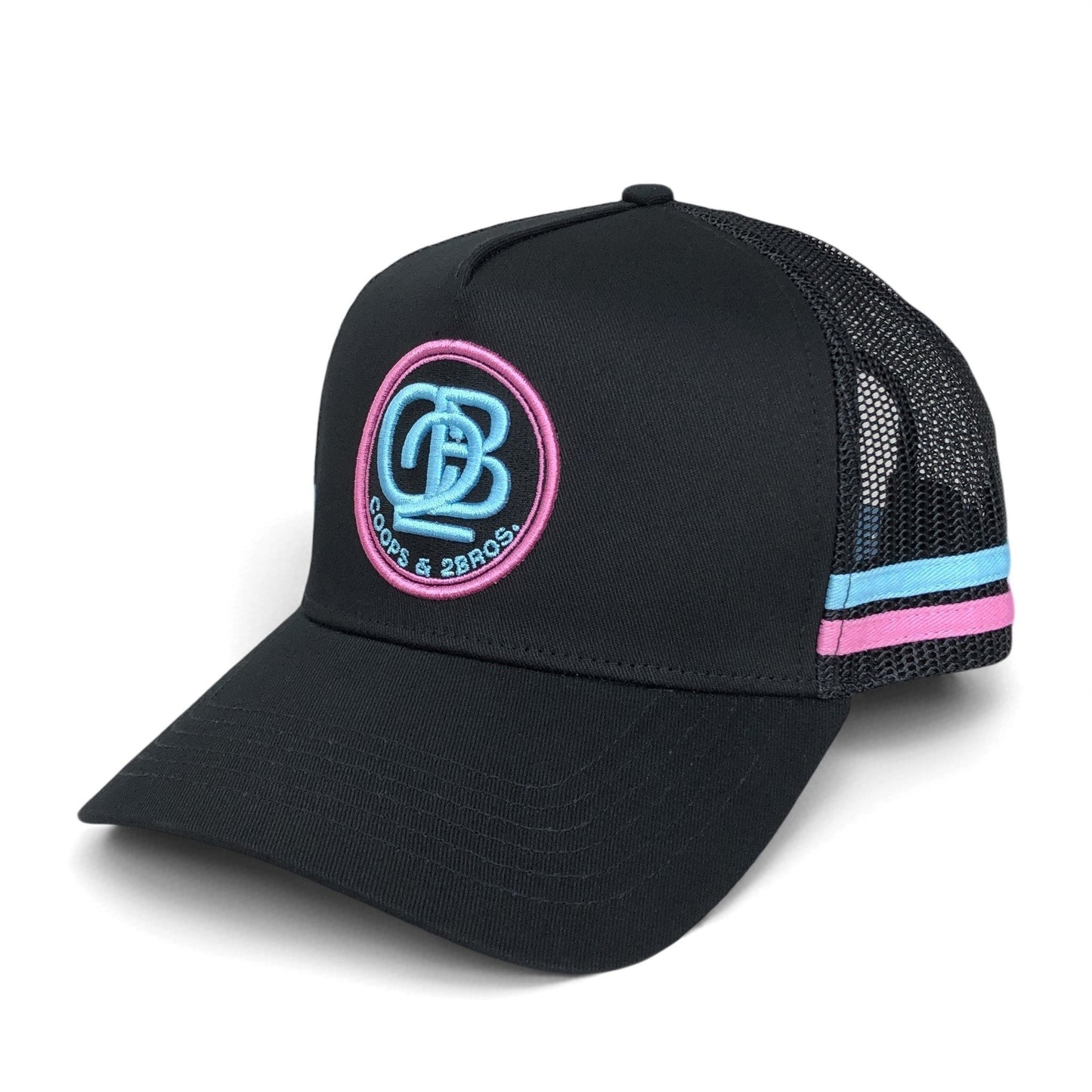 PRE ORDER: C2B Stripe Trucker Cap – Black + Pink/Blue - C2B THE LABEL
