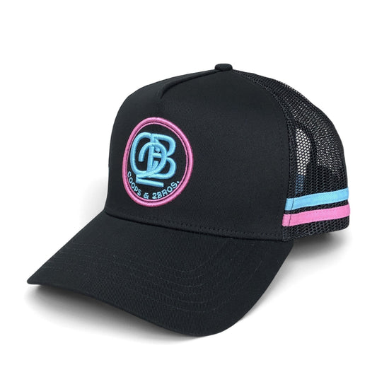 PRE ORDER: C2B Stripe Trucker Cap – Black + Pink/Blue - C2B THE LABEL